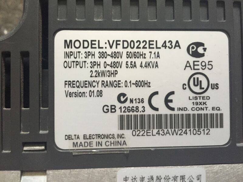 VFD022EL43A DELTA VFD Inverter Frequency converter 2.2KW 3HP 3PHASE 380V 600Hz